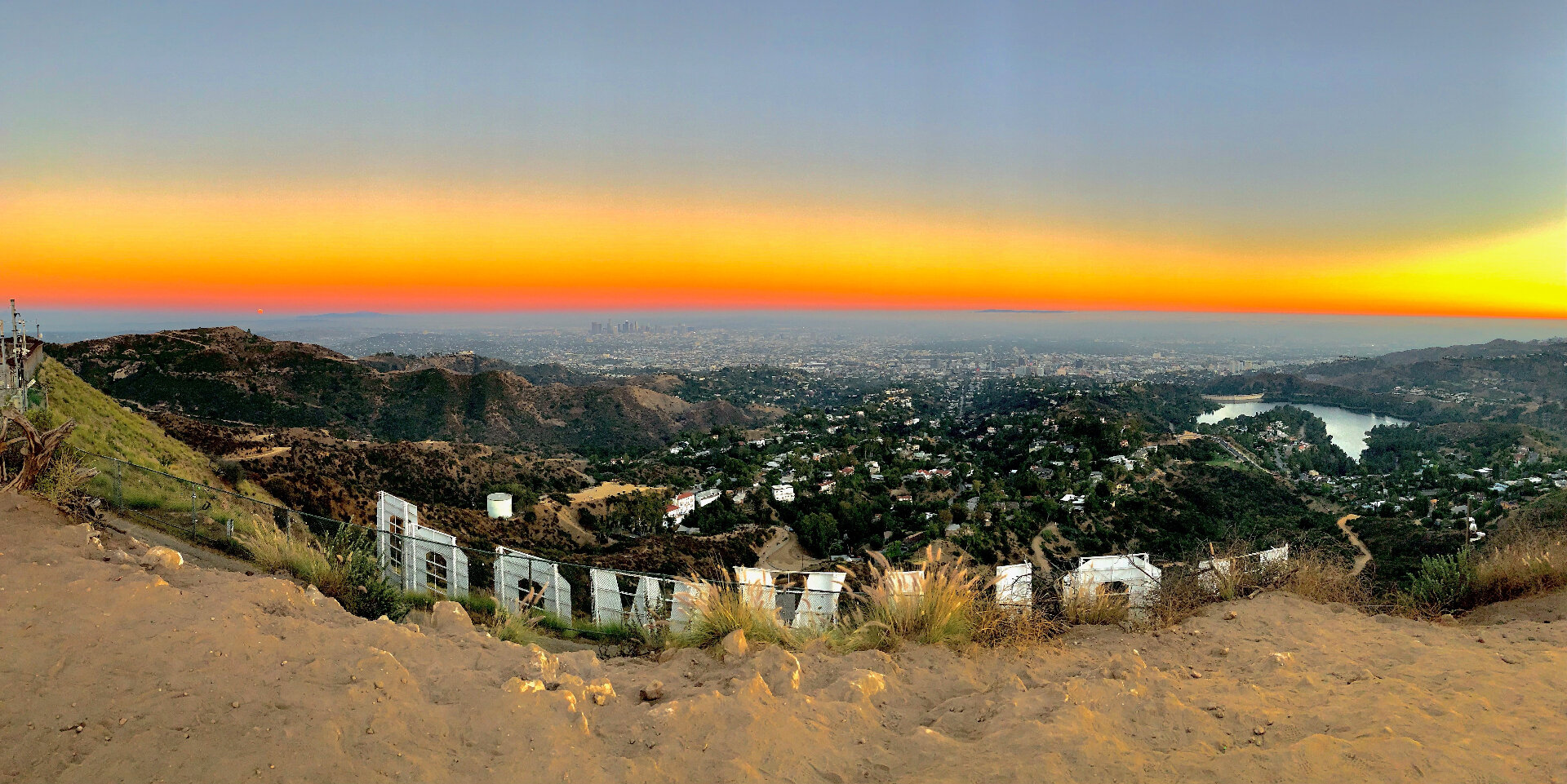 Los Angeles skyline at sunset from the hills