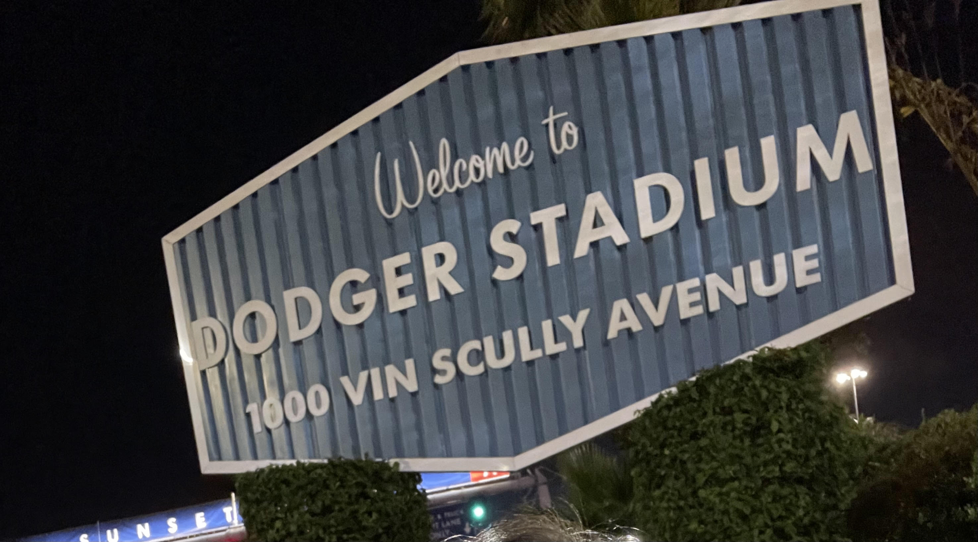 Welcome to Dodger Stadium sign on Vin Scully Avenue